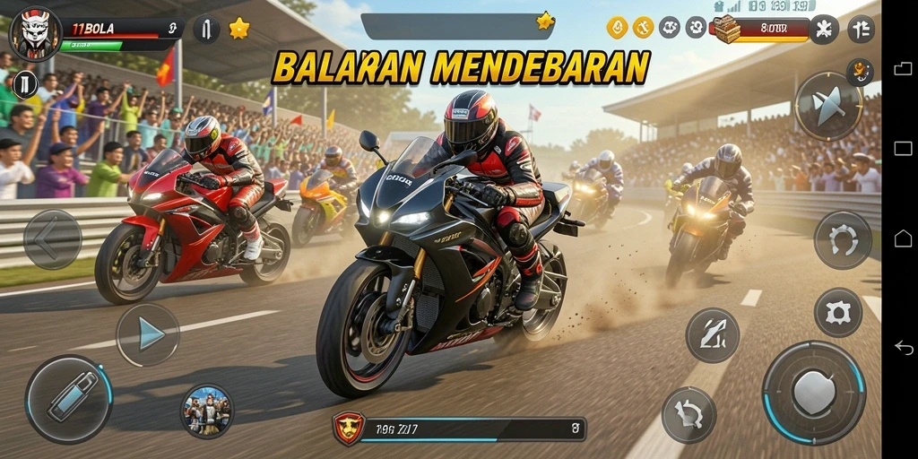 Screenshot gameplay 11BOLA menampilkan aksi balapan motor yang mendebarkan.