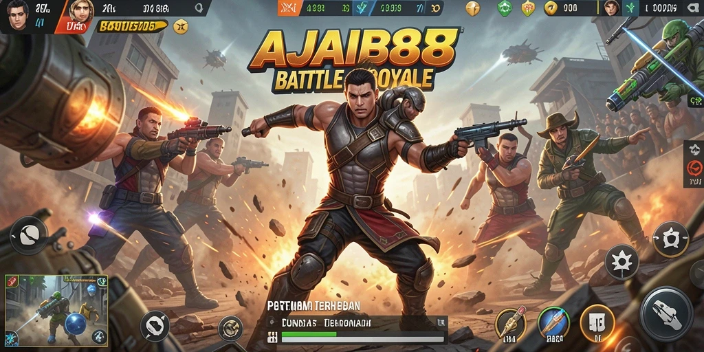 Screenshot gameplay AJAIB88 menunjukkan aksi pertempuran Battle Royale yang intens.