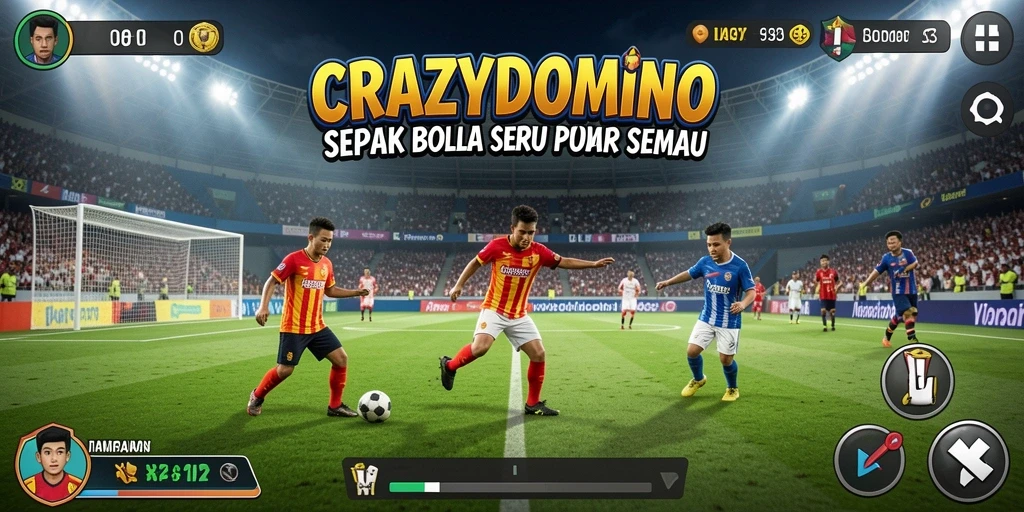 Tangkapan layar permainan CRAZYDOMINO yang menunjukkan aksi lapangan sepak bola.