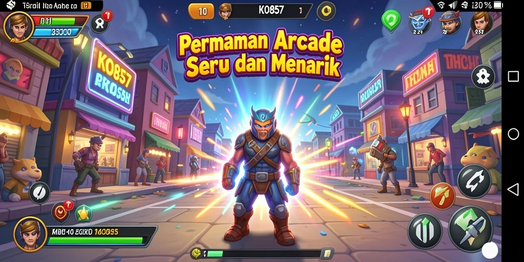 Screenshot menunjukkan karakter lucu dalam aksi gameplay Arcade.