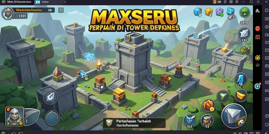 Tampilan gameplay MAXSERU saat bertempur di level Tower Defense.