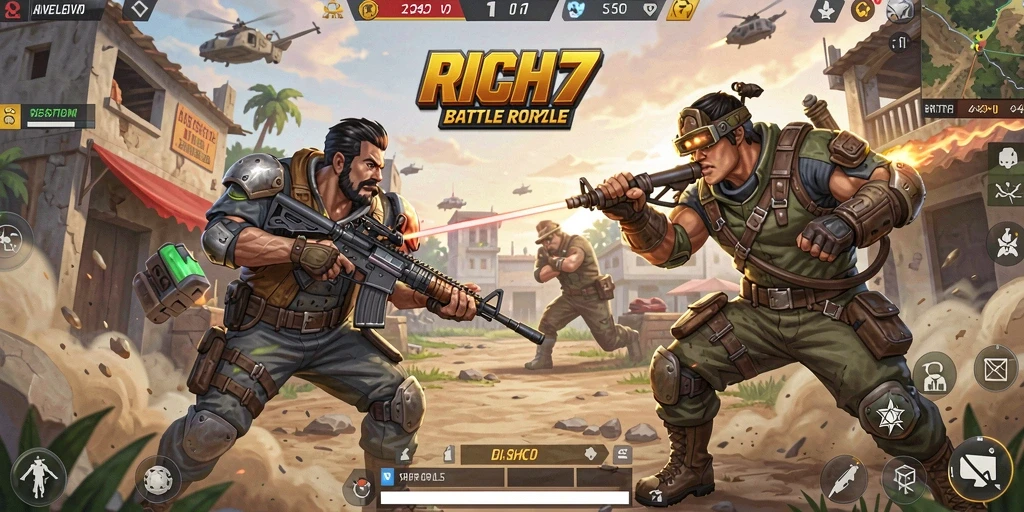Screenshot dari gameplay RICH7 menunjukkan pertarungan intens di arena Battle Royale.