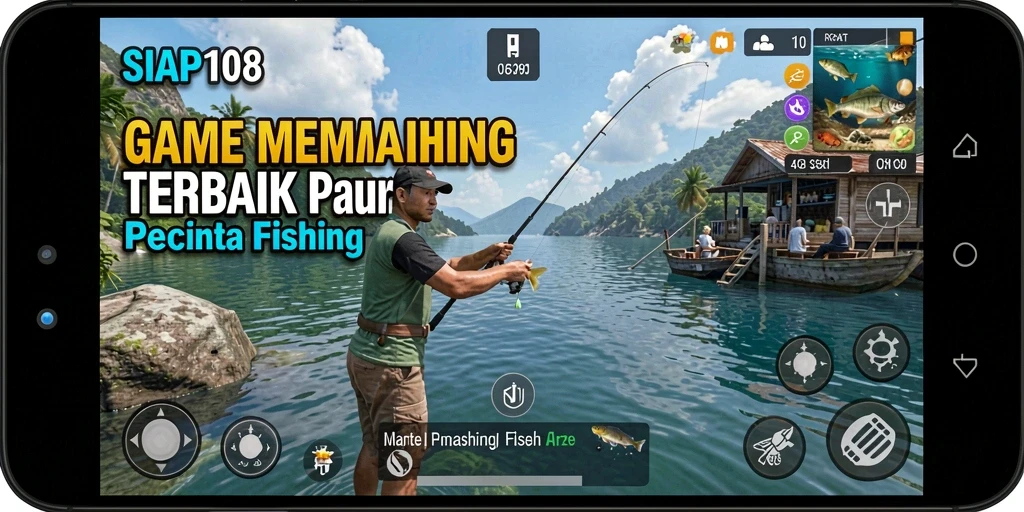 Tampilan gameplay SIAP108 saat menangkap ikan di danau yang indah.