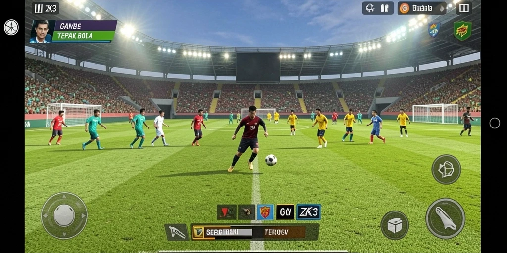 Tampilan gameplay ZK3 saat pertandingan sepak bola berlangsung.